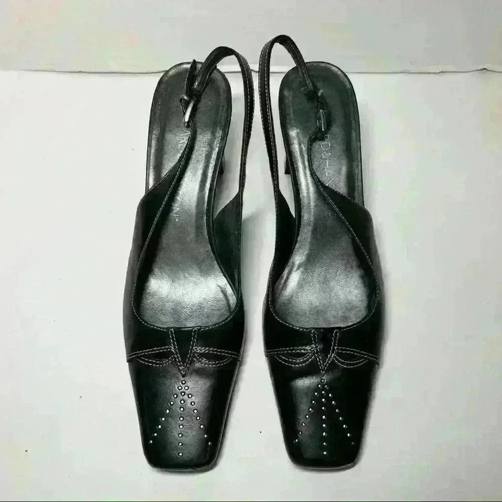 HILLARD HANSON Women Slingback Slim Heel Shoes Black Leather Cut Out Sz 6M